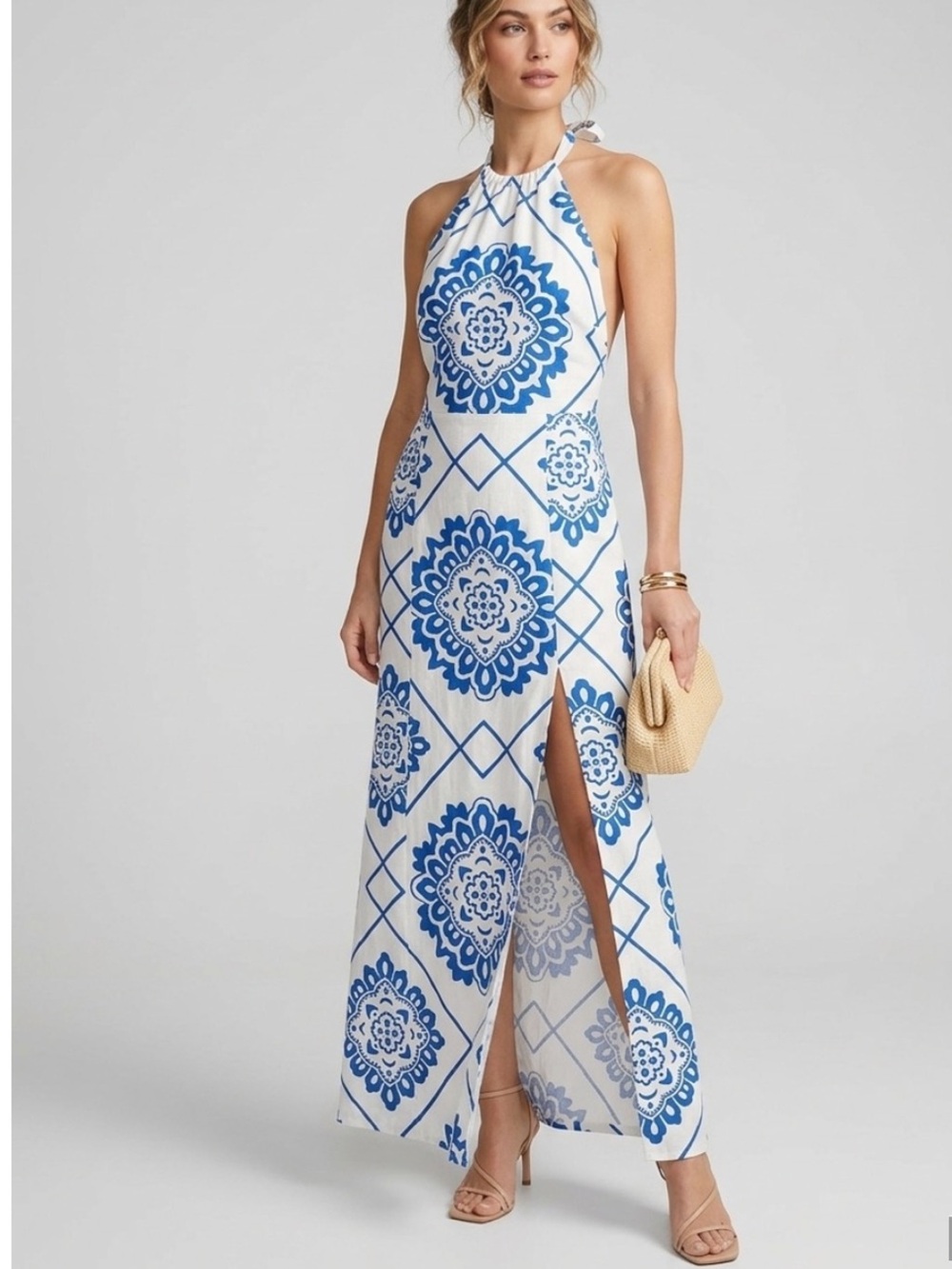 1.STATE Blue & White Mediterranean Mosaic Print Halter Linen-blend Maxi Dress